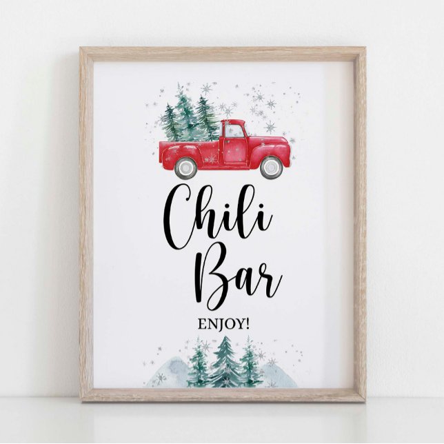 Poster Signe de chili d'hiver Red Xmas arbre Truck (Chili Bar Sign Winter Red Christmas Tree Truck Theme)