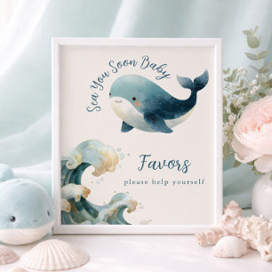Poster Signe de Faveurs de Baby Shower Ivoire Baleine À V