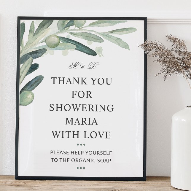 Poster SIGNE DE Fête des mariées Rustique Olive Green (Rustic Olive Greenery Bridal Shower Thank You Sign)