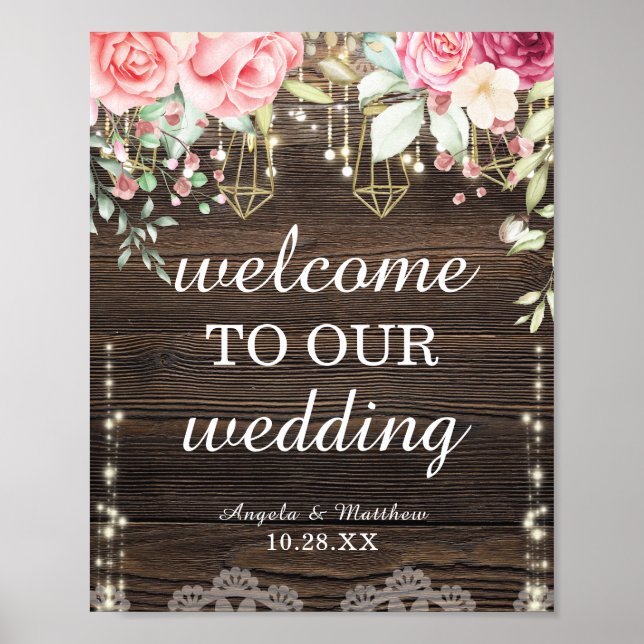 Poster SIGNE DE Mariage D'ACCUEIL Rustique Bois Floral (Devant)