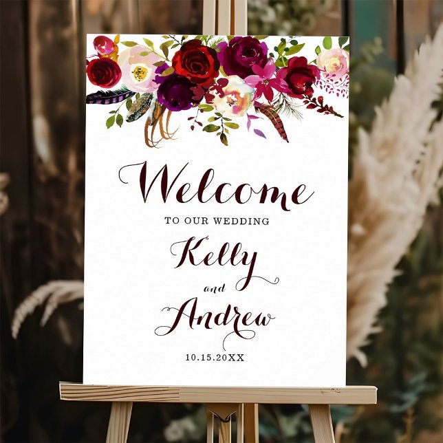 Poster SIGNE DE Mariage DE Bienvenue Floral Boho Burgundy (Créateur téléchargé)