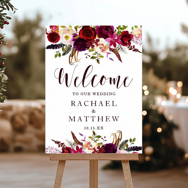 Poster SIGNE DE Mariage DE Bienvenue Floral Boho Burgundy (Créateur téléchargé)