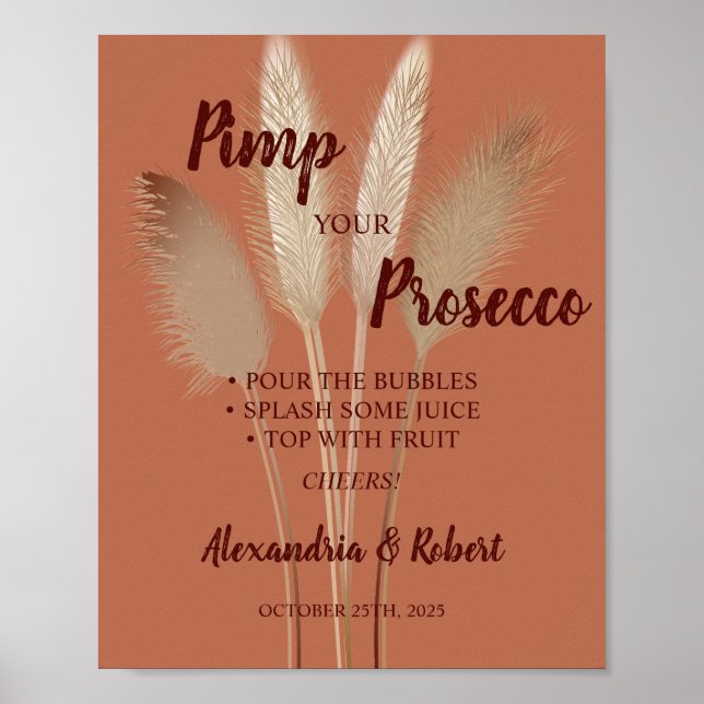 Poster Signe de mariage Herbe de Pampas Prosecco à pimper (Devant)