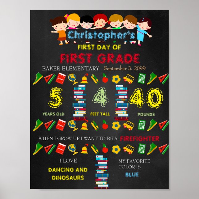 Poster SIGNE DE PREMIÈRE CLASSE GARÇON, noir & couleurs (Devant)