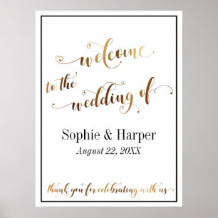 Poster Signe de typographie de mariage de bienvenue or et