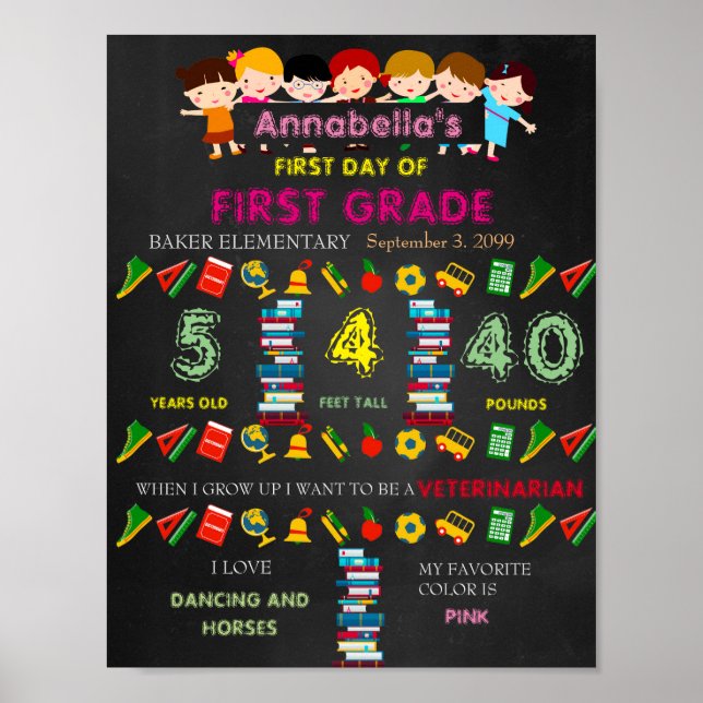 Poster SIGNE DU PREMIER JOUR FILLE, noir & couleurs (Devant)