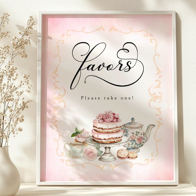 Poster Signe Fête des mariées Favoriser - Thème de Tea Pa (Favors Table Sign)