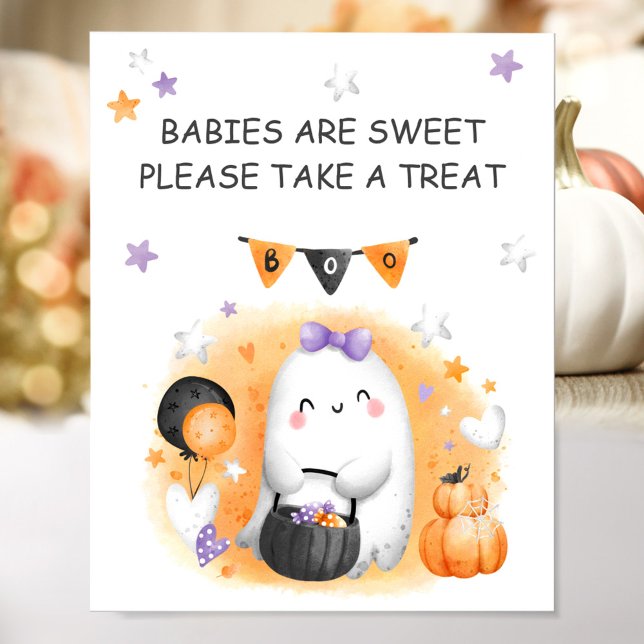 Poster SIGNE Fille Halloween Petit Baby shower Fantôme Fa (Halloween Girl Baby Shower Little Ghost Favor Sign)