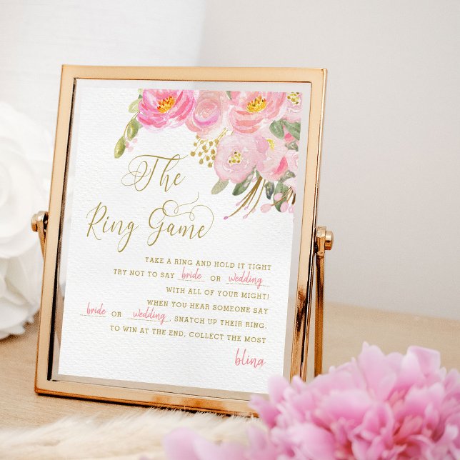 Poster Signe Floral rose or Calligraphie Bague (Ring Game poster from my Pink and Gold Watercolor Floral Bridal Shower Collection)