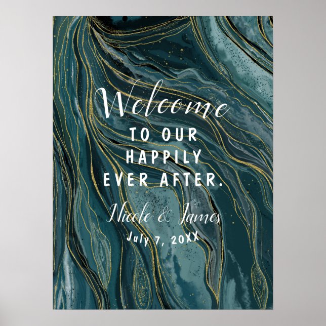 Poster SIGNE Mariage Abstrait turquoise Blue Gold (Devant)