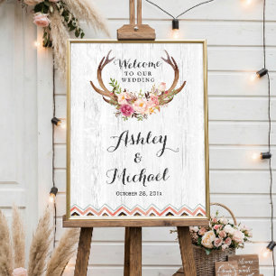 Poster SIGNE Mariage Boho Antler Floral Russe Bois Blanc