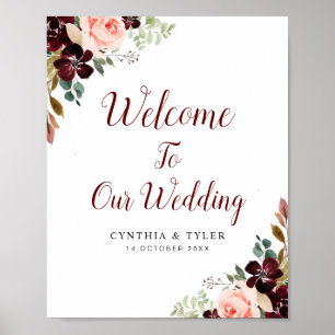 Poster signe mariage bordeaux & floral roux
