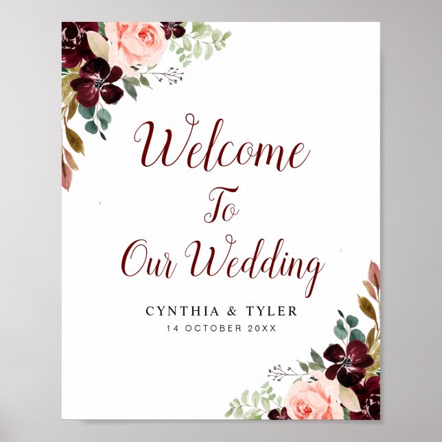 Poster signe mariage bordeaux & floral roux (Devant)