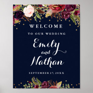 Poster SIGNE Mariage D'ACCUEIL BURUNdy Gold Navy Floral