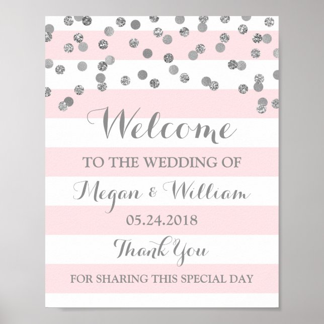 Poster SIGNE Mariage D'ACCUEIL Pink Stripe Argent Confett (Devant)