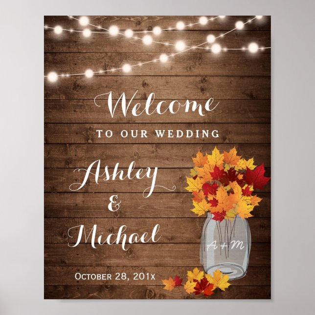 Poster Signe Mariage de automne Mason Jar avec voyants à  (Devant)