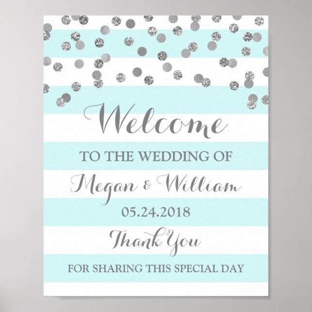 Poster SIGNE Mariage DE Bienvenue Bleu Stripes Argent Con (Devant)