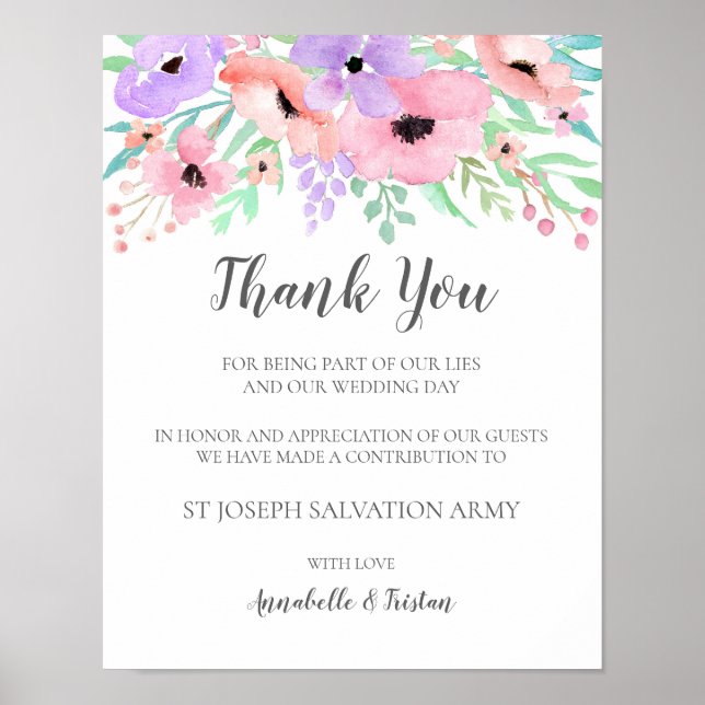Poster Signe mariage - Dons Aquarelle Panneau Floral (Devant)