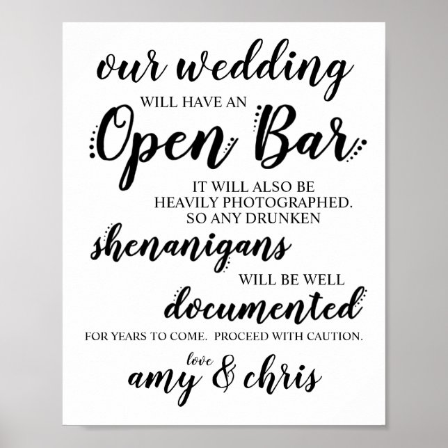 Poster SIGNE mariage Open Bar Funny Drunken Shenanigans (Devant)