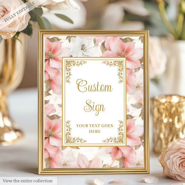 Poster Signe moderne boho rose roux or 8x10 (Modern boho dusty pink flowers gold 8x10 sign)