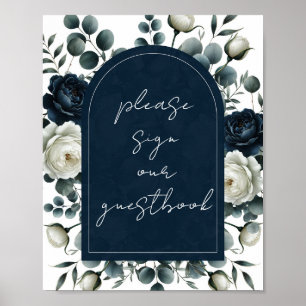 Poster Signe moderne Floral bleu foncé et blanc