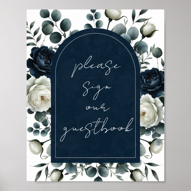 Poster Signe moderne Floral bleu foncé et blanc (Devant)