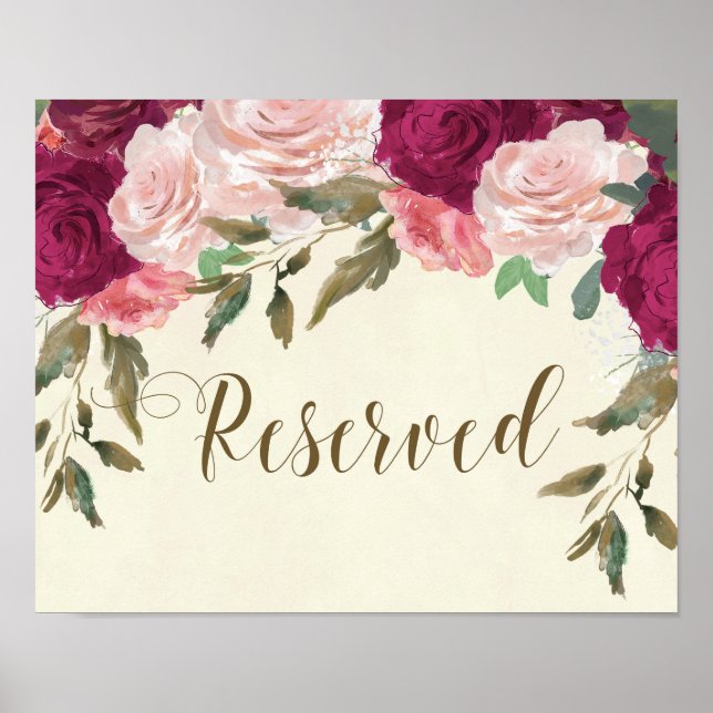 Poster signe réservé mariage floral rose bordeaux (Devant)