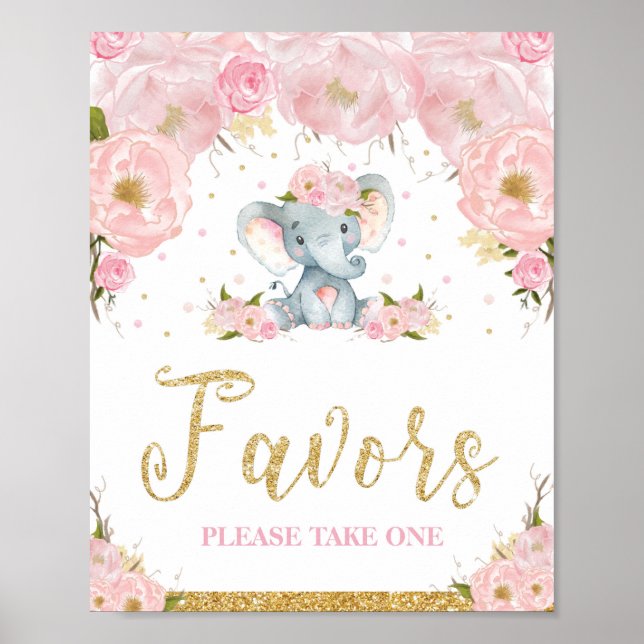 Poster Signe rose Baby shower des éléphants floraux Faveu (Devant)