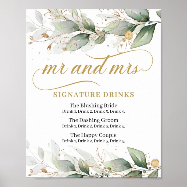 Poster Signe signature feuille Eucalyptus et or (Devant)