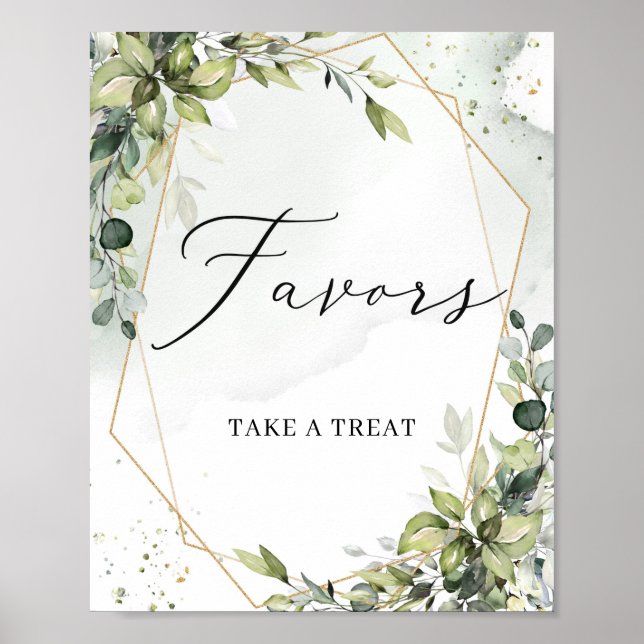 Poster signe vert moderne feuille or géométrique faveurs (Devant)
