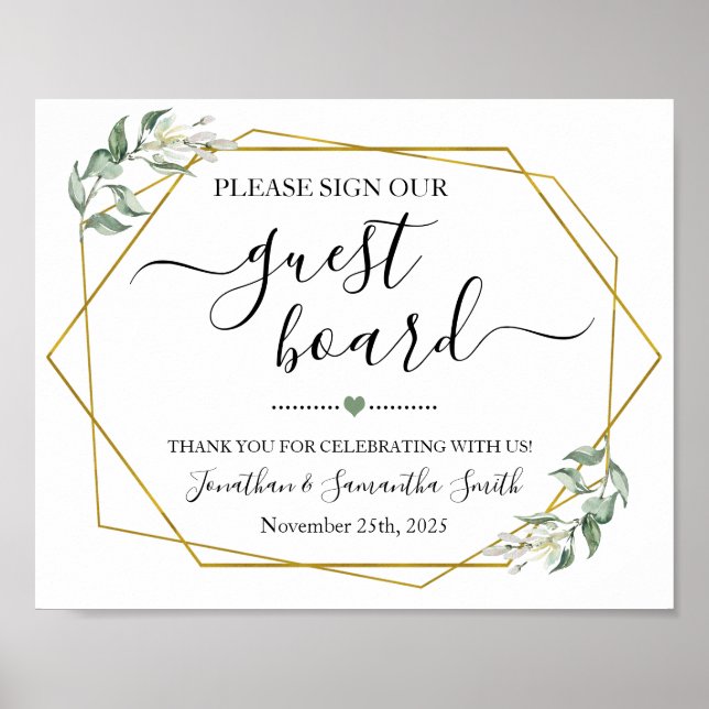 Poster Signer notre wedding shower de pension en or vert (Devant)