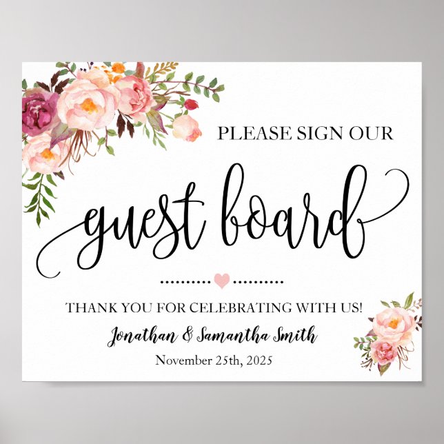 Poster Signer notre wedding shower de pension rose floral (Devant)