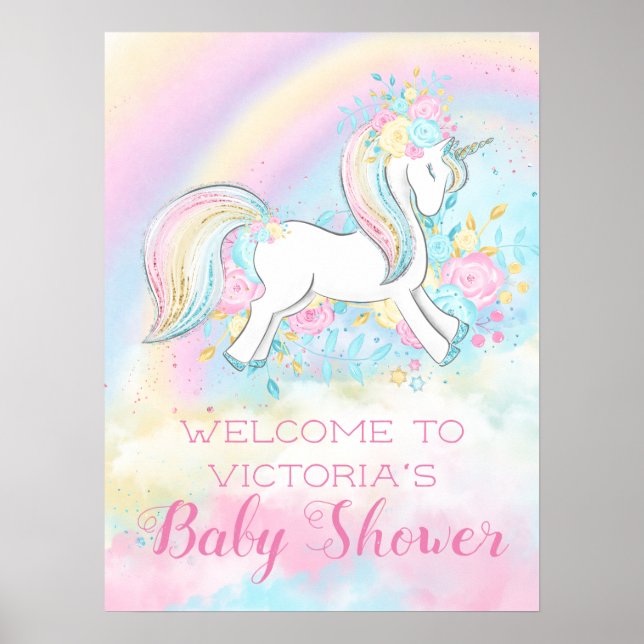 Poster Signes de Baby shower Unicorne arc-en-ciel (Devant)