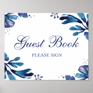 Poster Signez le livre d'or. Fleurs de mariage bleues. Fl