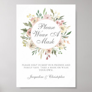 Poster S'il vous plaît porter un Masque Floral rose éléga