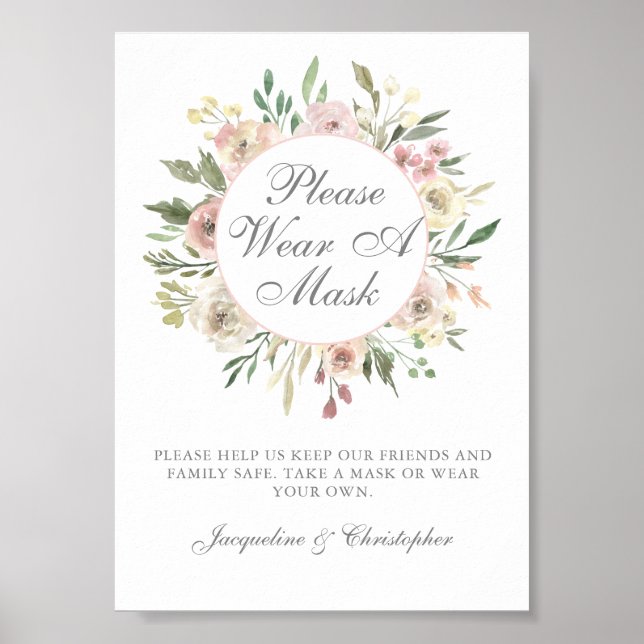 Poster S'il vous plaît porter un Masque Floral rose éléga (Devant)