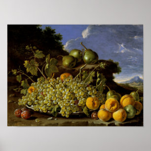Poster Silence with Plate of grapes, Peaches, Pears