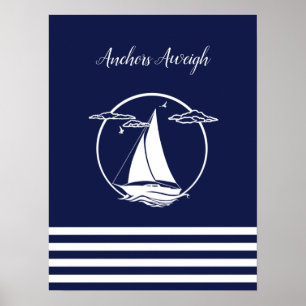 Poster Silhouette/ancrages du voilier blanc marine
