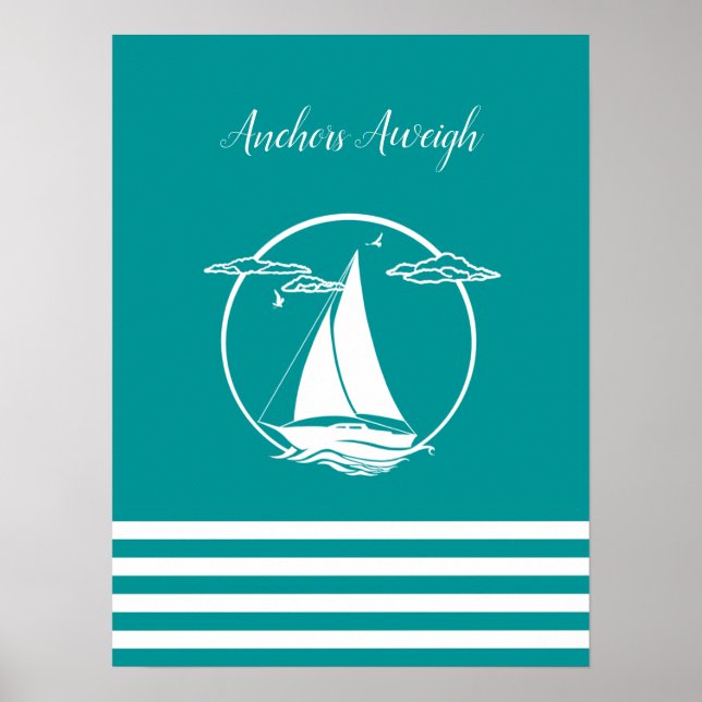 Poster Silhouette/ancrages du voilier blanc marine (Devant)