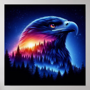 Poster Silhouette d'aigle avec coucher de soleil forestie