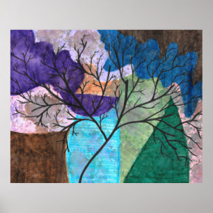 Poster Silhouette d'arbre abstrait sur aquarelle colorée
