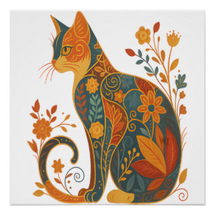 Poster Silhouette de chat floral - Botanique vintage colo