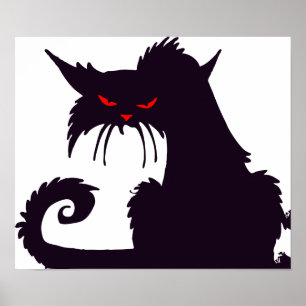 Poster Silhouette de chat noir maléfique aux yeux rouges