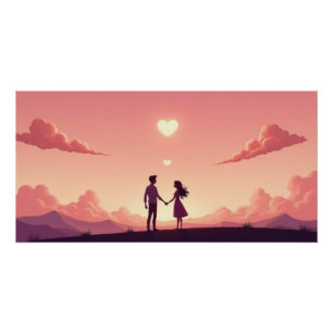 Poster Silhouette de couple rêveur au coucher du soleil