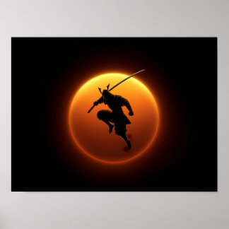 Poster Silhouette de guerrier samouraï contre soleil oran