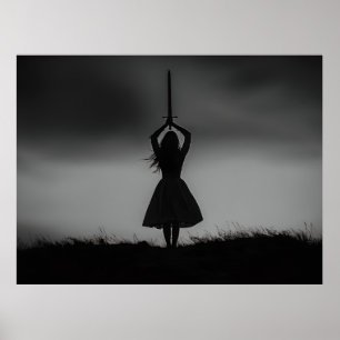 Poster Silhouette de guerrier sous ciel orageux