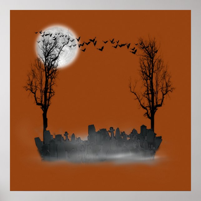Poster Silhouette de la scène du cimetière d'Halloween (Devant)