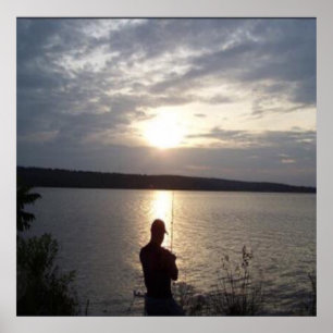 Poster Silhouette de l'homme pêche au coucher du soleil