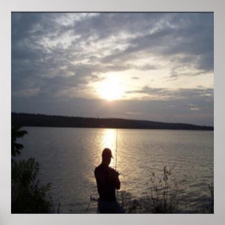 Poster Silhouette de l'homme pêche au coucher du soleil