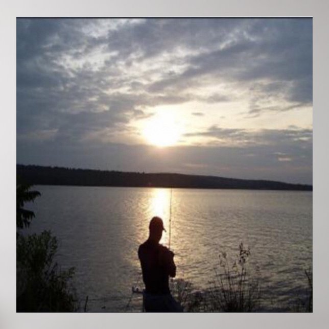 Poster Silhouette de l'homme pêche au coucher du soleil (Devant)
